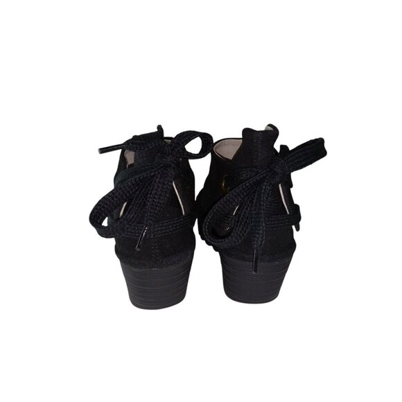 Fly London Yema Booties Women's Size 7.5 Black Suede Peep Toe Heel Tie Wedge - Picture 8 of 10